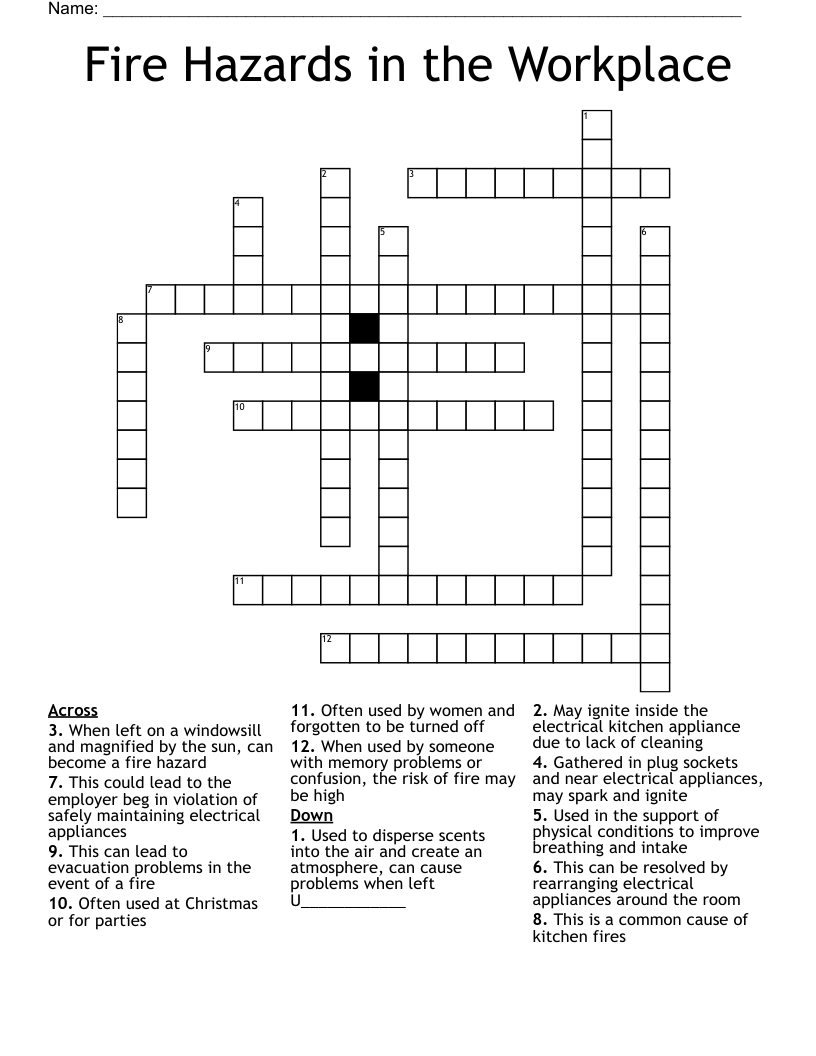 Fire Hazards in the Workplace Crossword