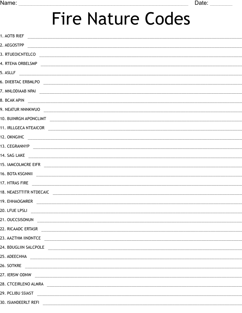Fire Nature Codes Word Scramble