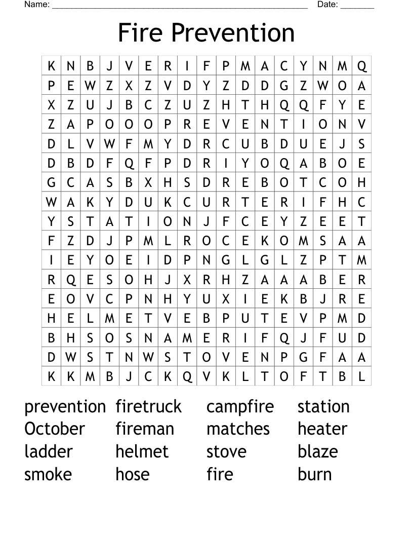 Fire Prevention Word Search