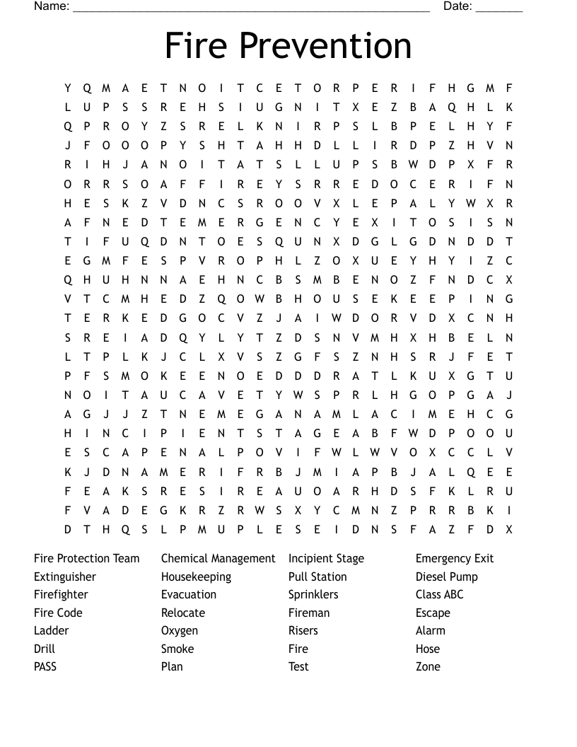 Fire Prevention Word Search