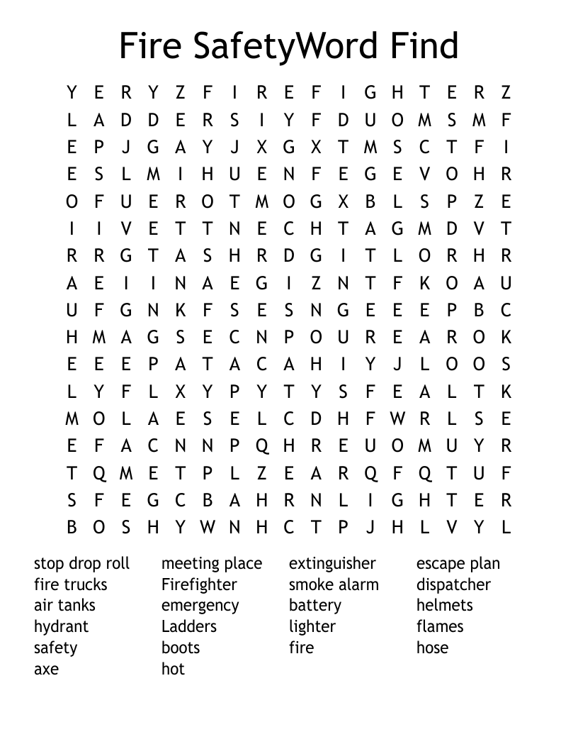 Fire SafetyWord Find Word Search