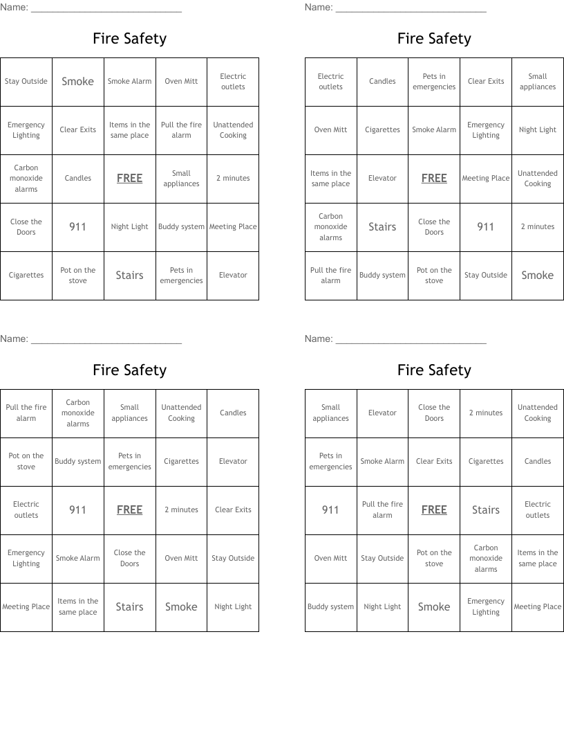 Fire Safety Bingo Cards