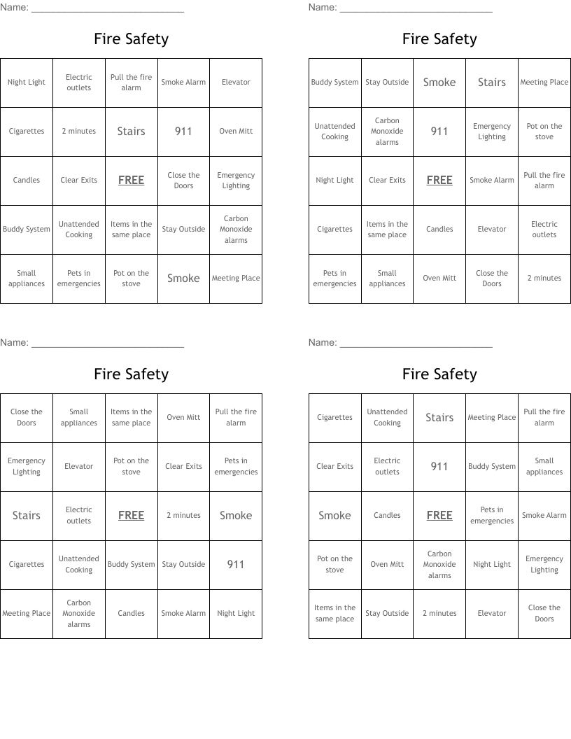 Fire Safety Bingo Cards