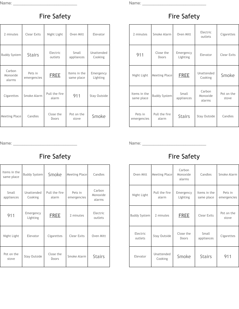 Fire Safety Bingo Cards