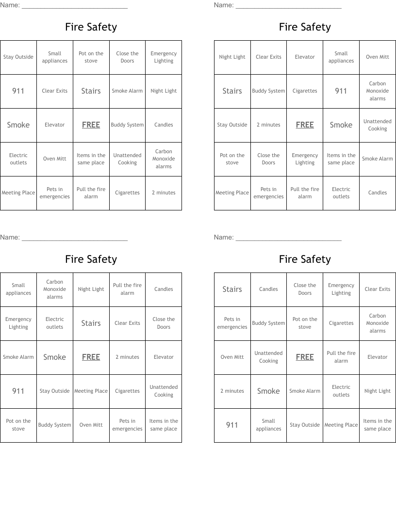 Fire Safety Bingo Cards