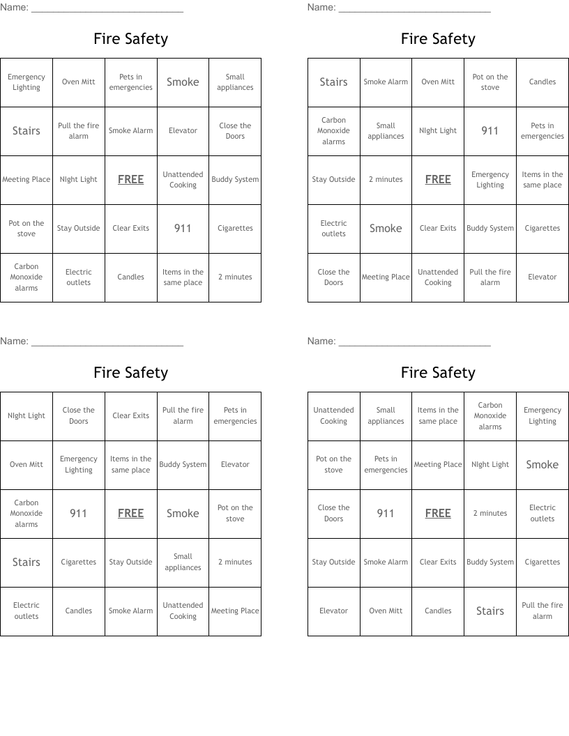 Fire Safety Bingo Cards