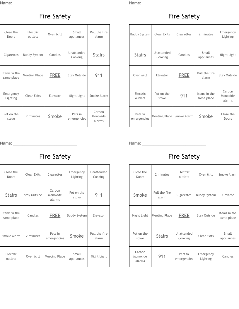 Fire Safety Bingo Cards