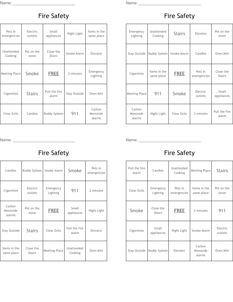Fire Safety Bingo Cards