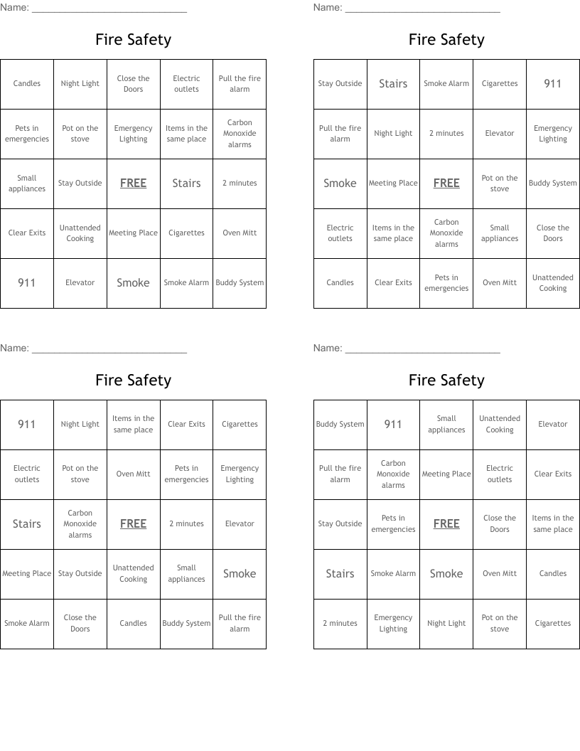 Fire Safety Bingo Cards