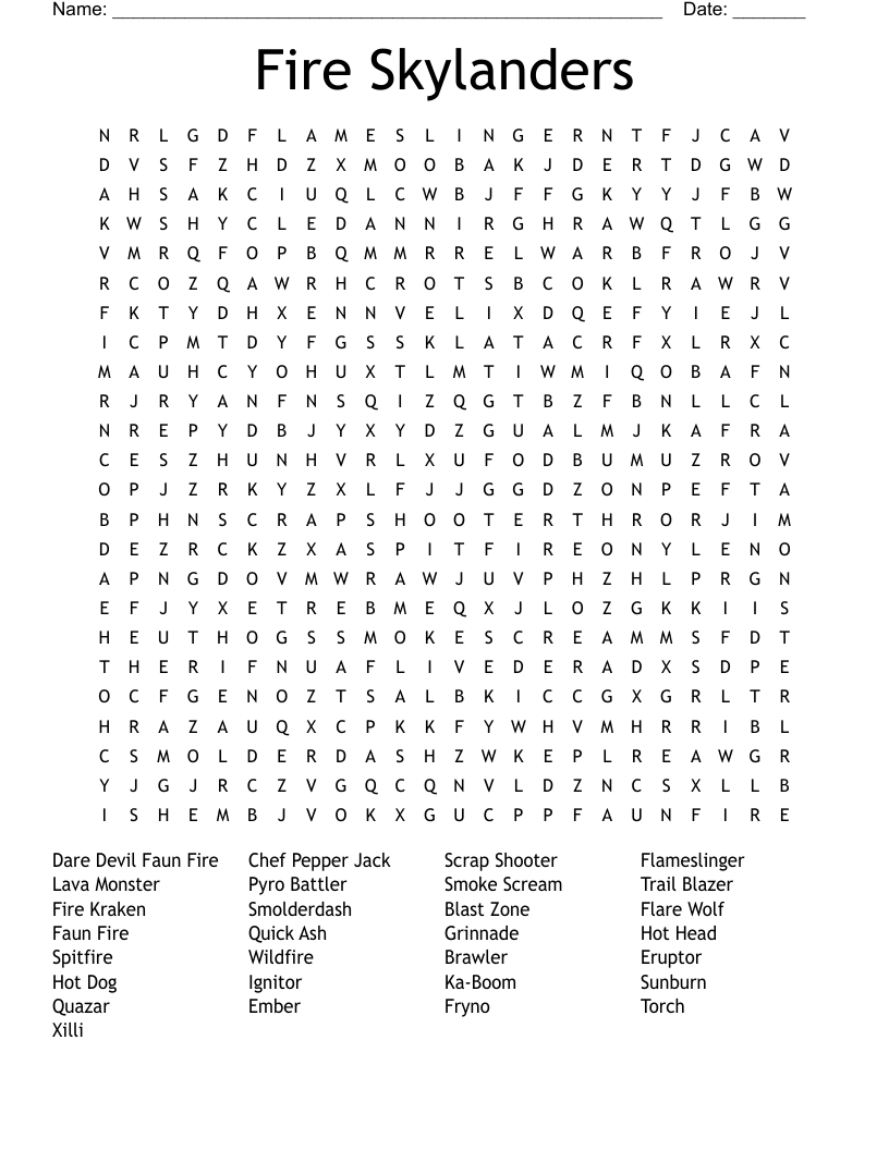 Fire Skylanders Word Search