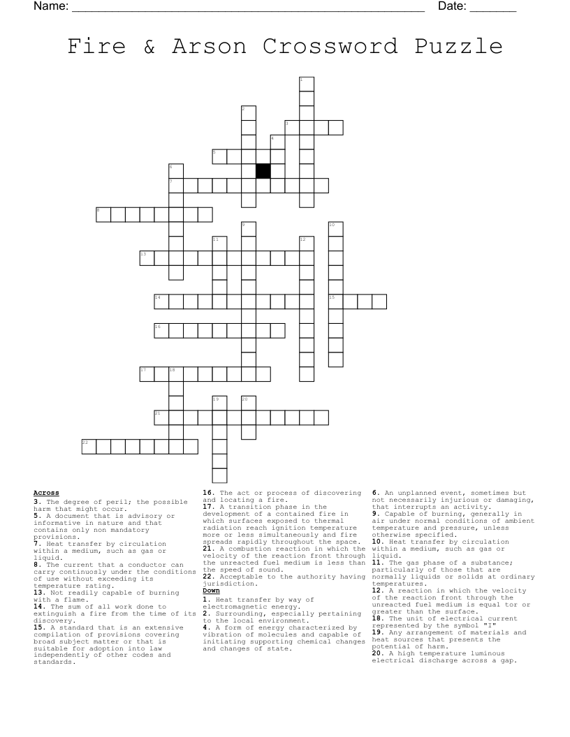 Fire & Arson Crossword Puzzle 