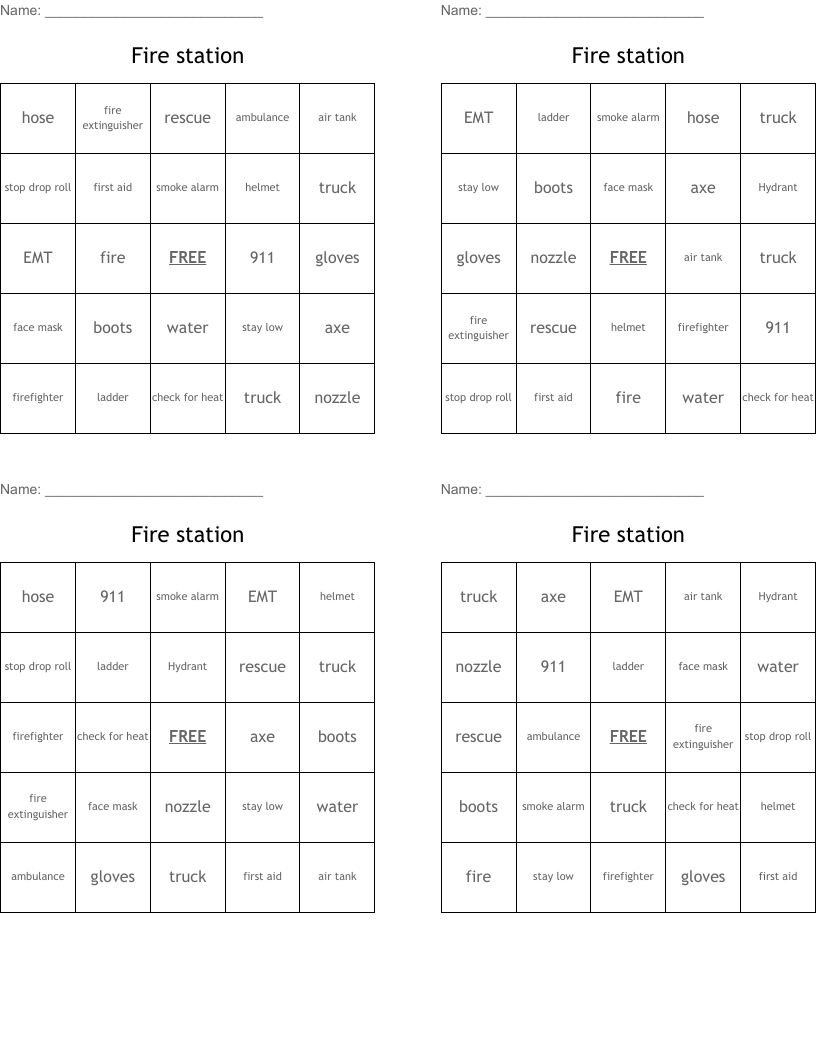 Fire station Bingo Cards