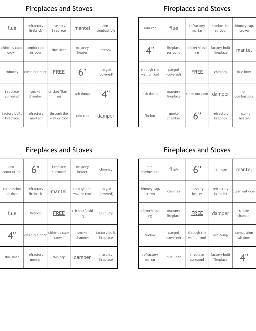 Fireplaces and Stoves Bingo Cards