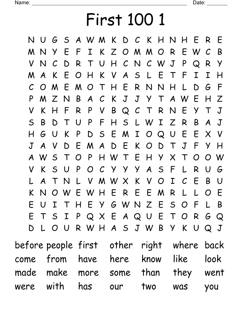 First 100 1 Word Search
