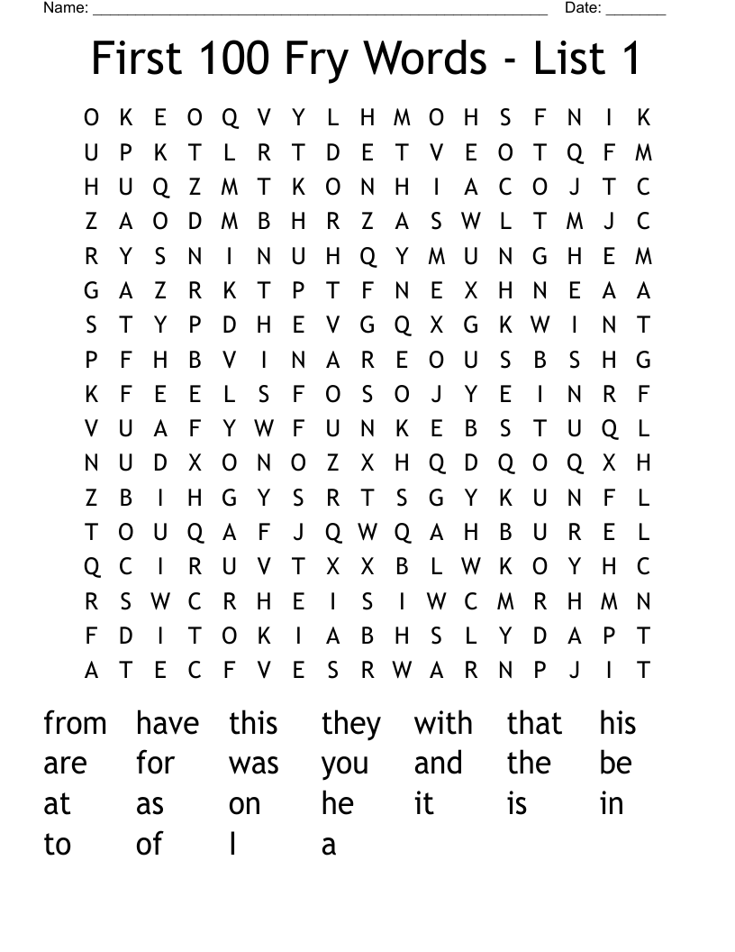 First 100 Fry Words - List 1 Word Search
