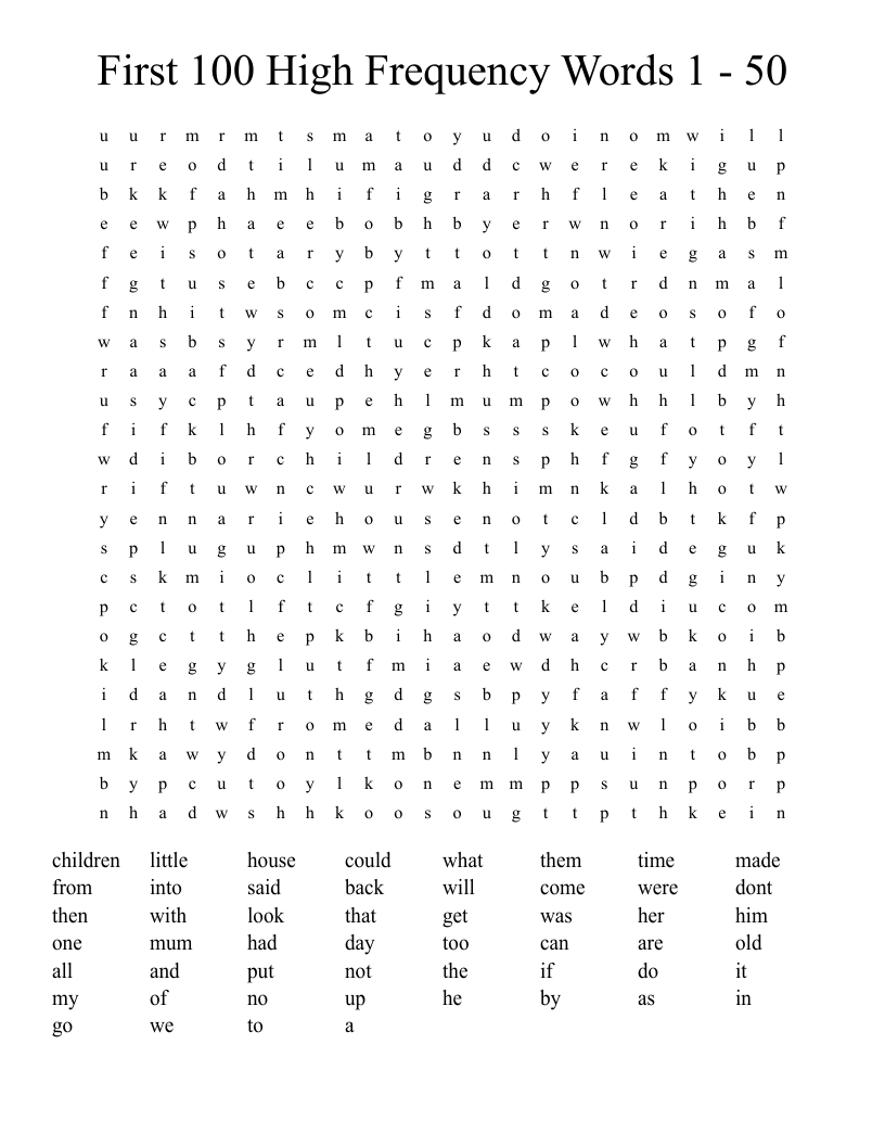 First 100 High Frequency Words  1 - 50 Word Search