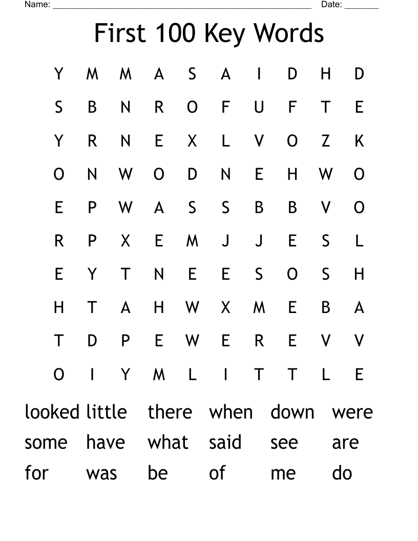 First 100 Key Words Word Search