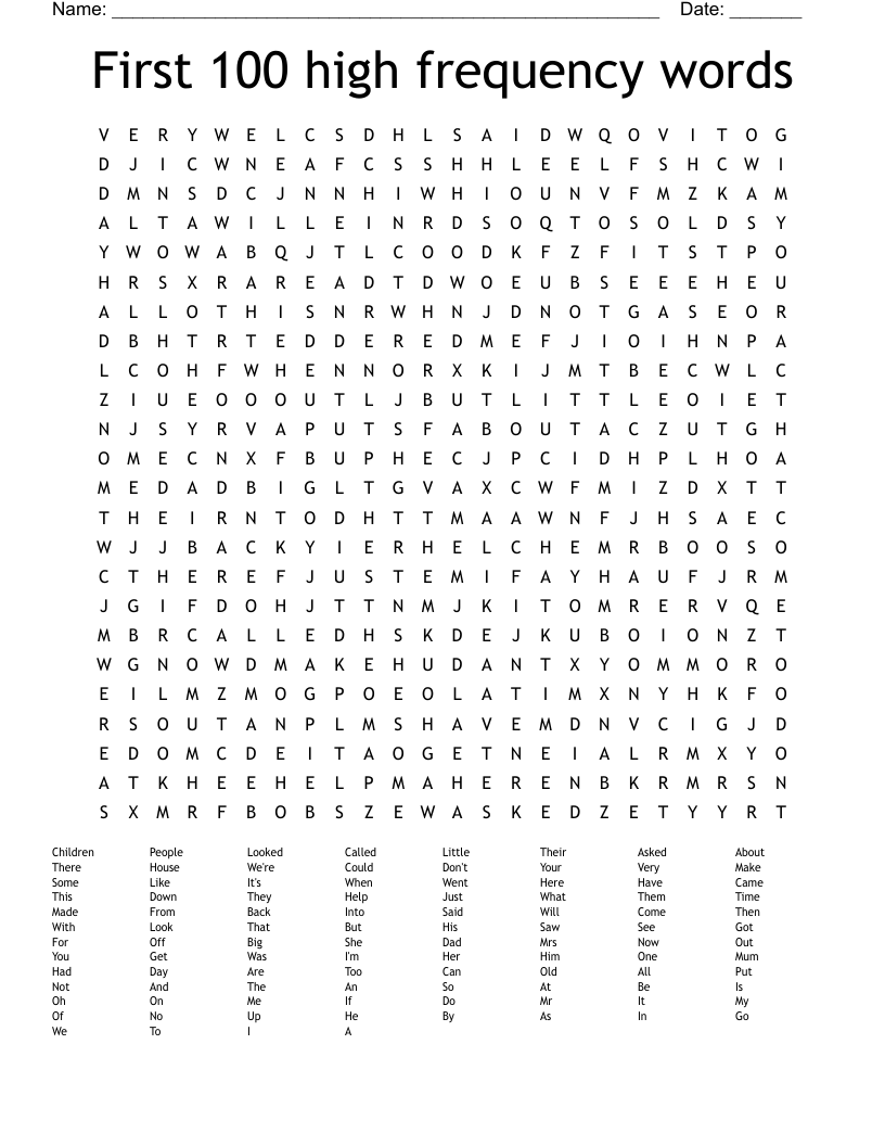 First 100 high frequency words Word Search