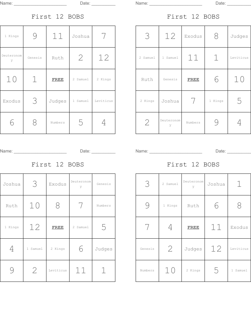 First 12 BOBS Bingo Cards