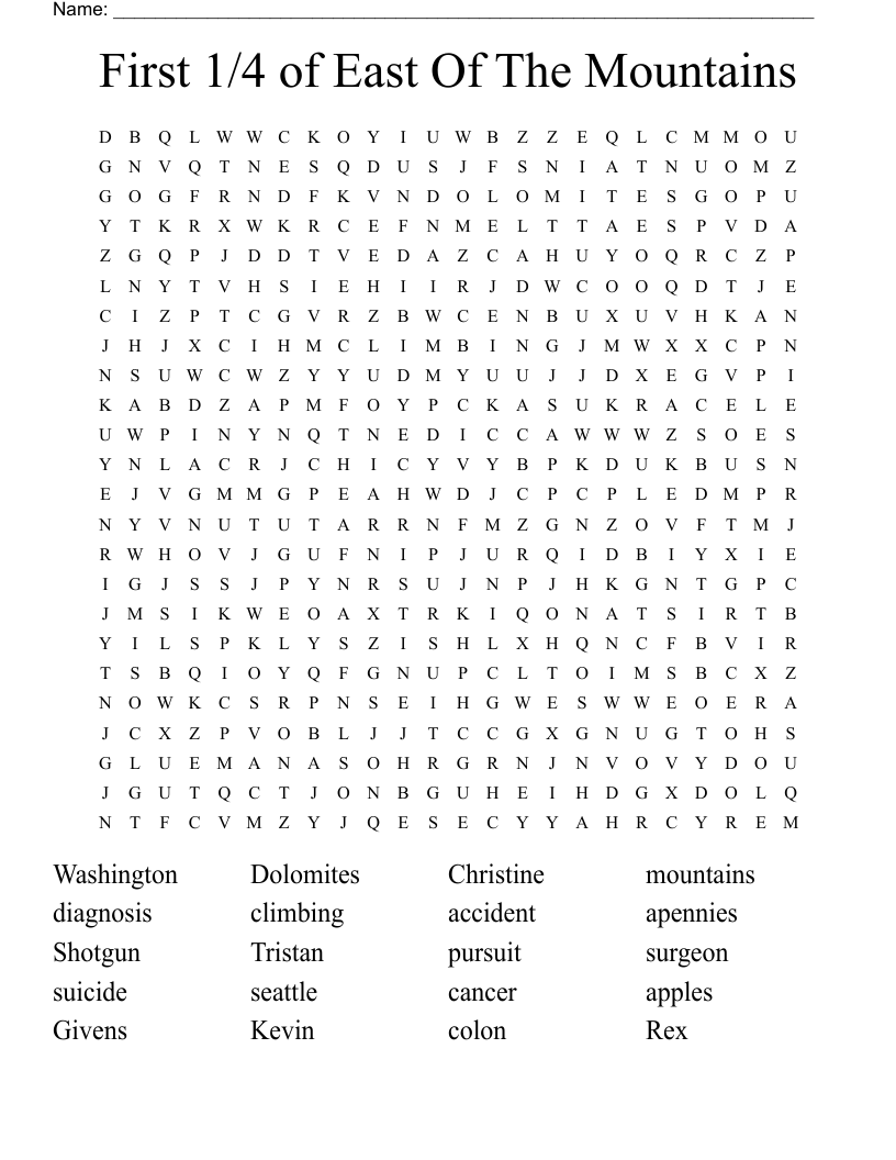 First 1/4 of East Of The Mountains  Word Search