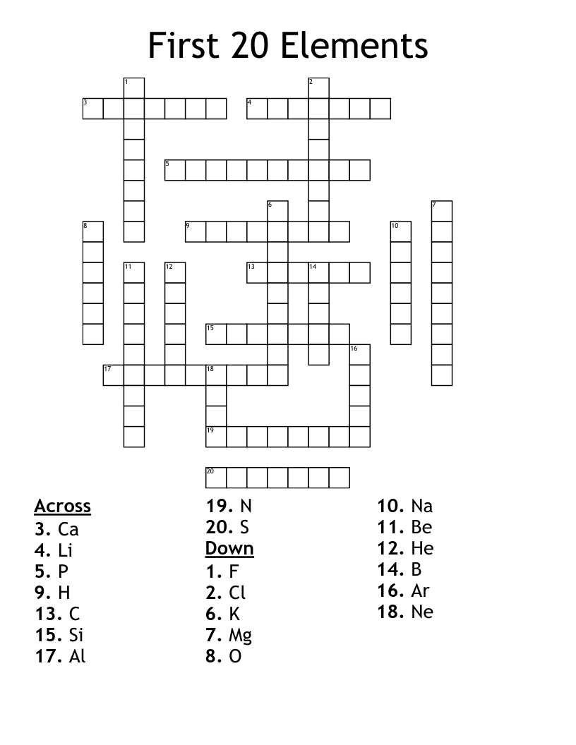 First 20 Elements Crossword