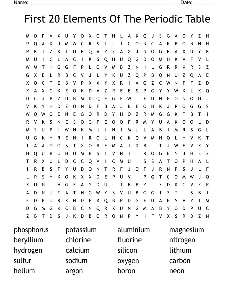 First 20 Elements Of The Periodic Table Word Search