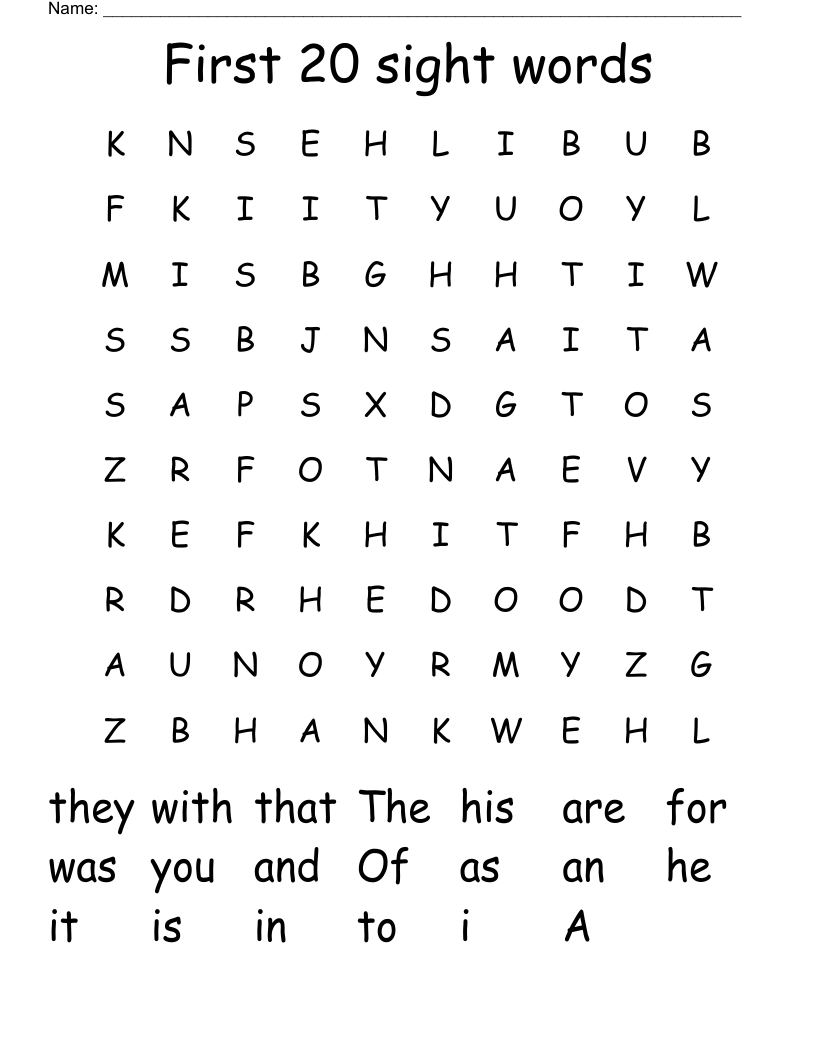 First 20 sight words Word Search