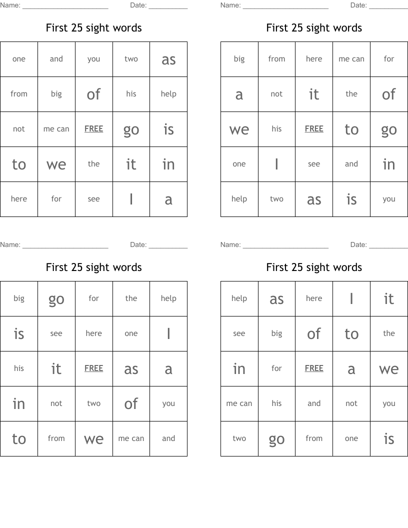 First 25 sight words Bingo Cards