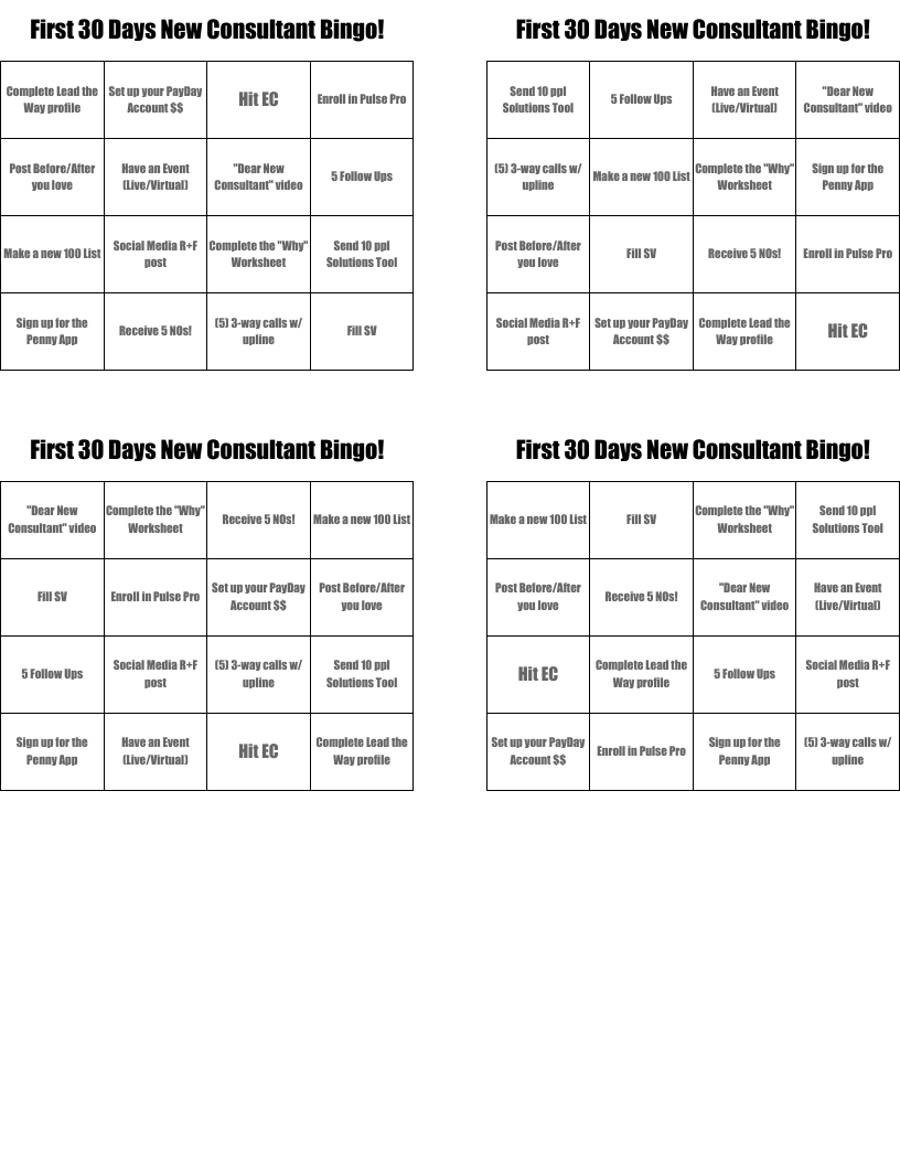 First 30 Days New Consultant Bingo! 