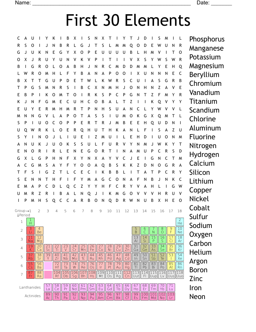 First 30 Elements  Word Search