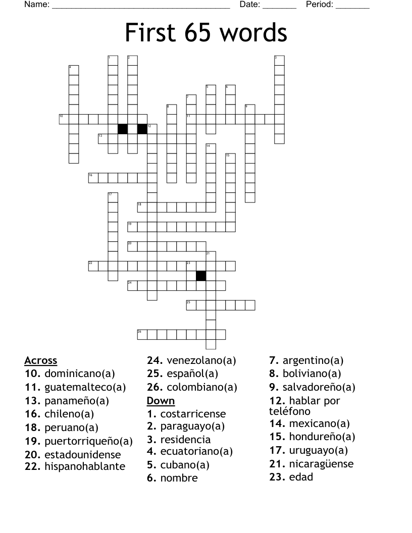 First 65 words Crossword
