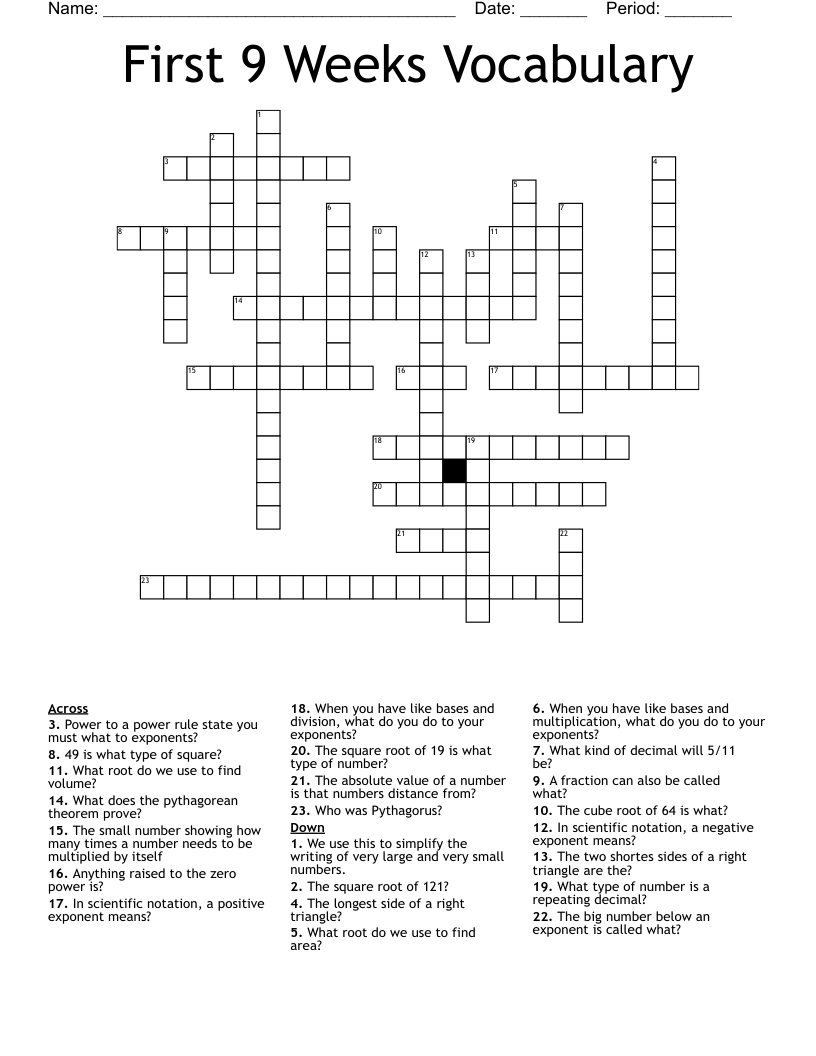 First 9 Weeks Vocabulary  Crossword