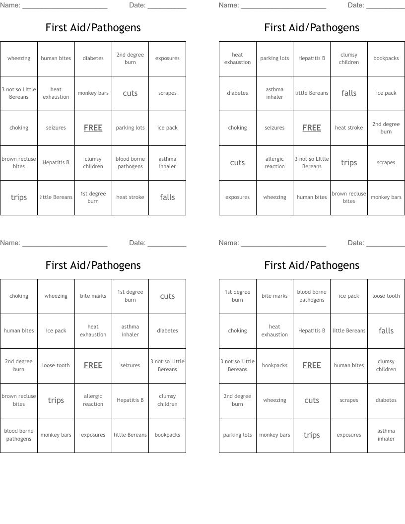 First Aid/Pathogens Bingo Cards