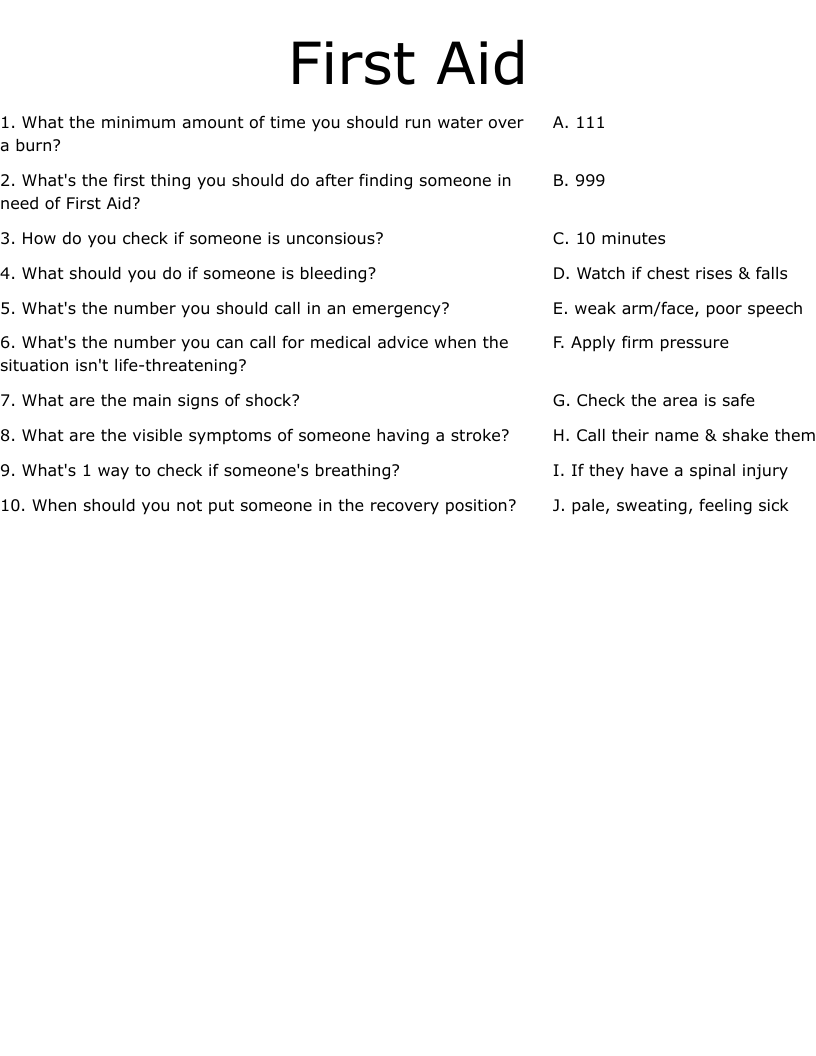 First Aid Worksheet