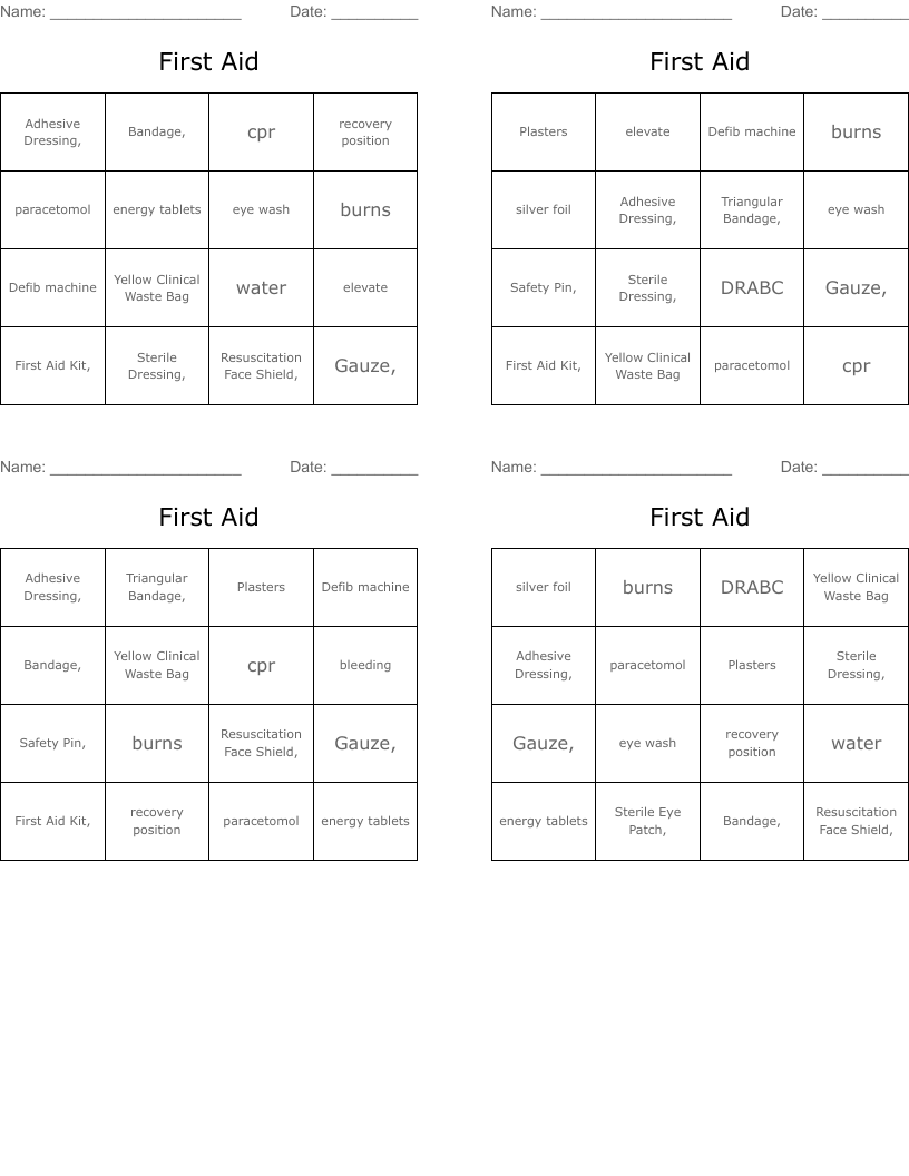 First Aid Bingo Cards