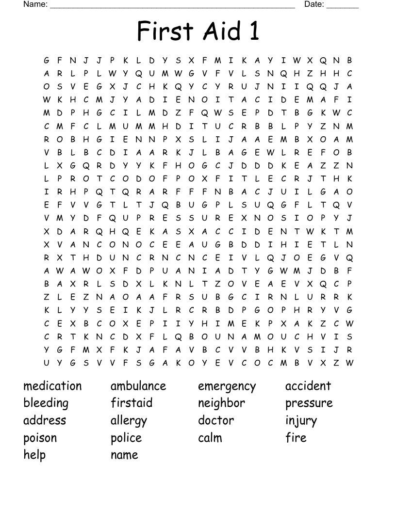 First Aid 1 Word Search