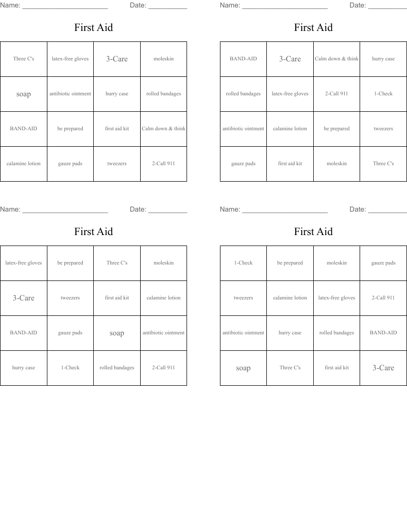 First Aid Bingo Cards