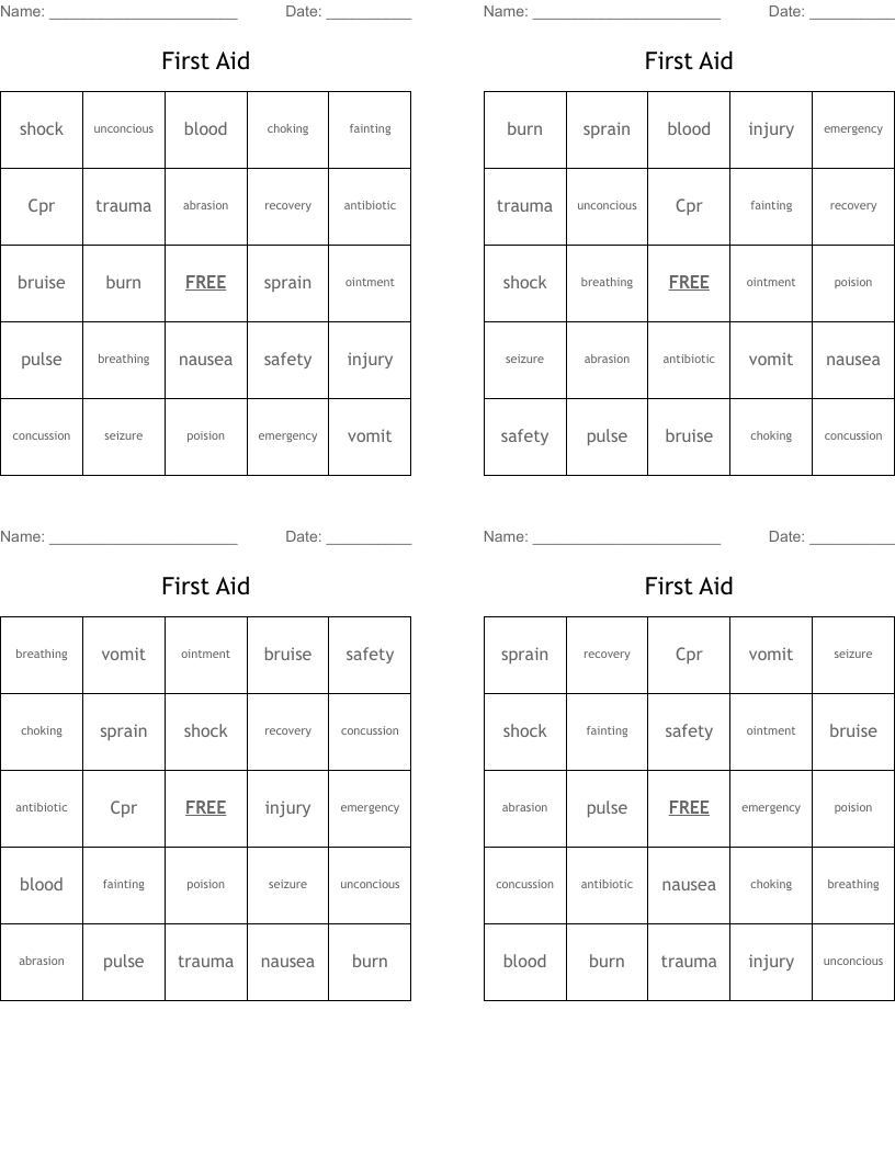 First Aid Bingo Cards