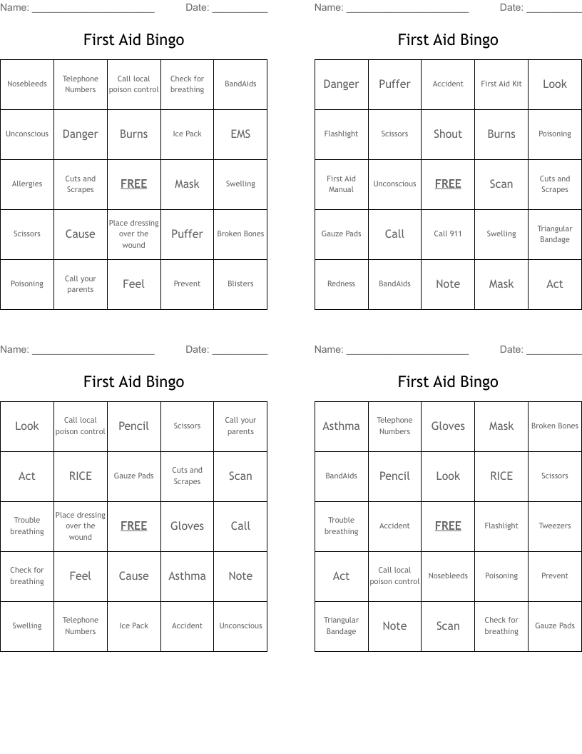 First Aid Bingo