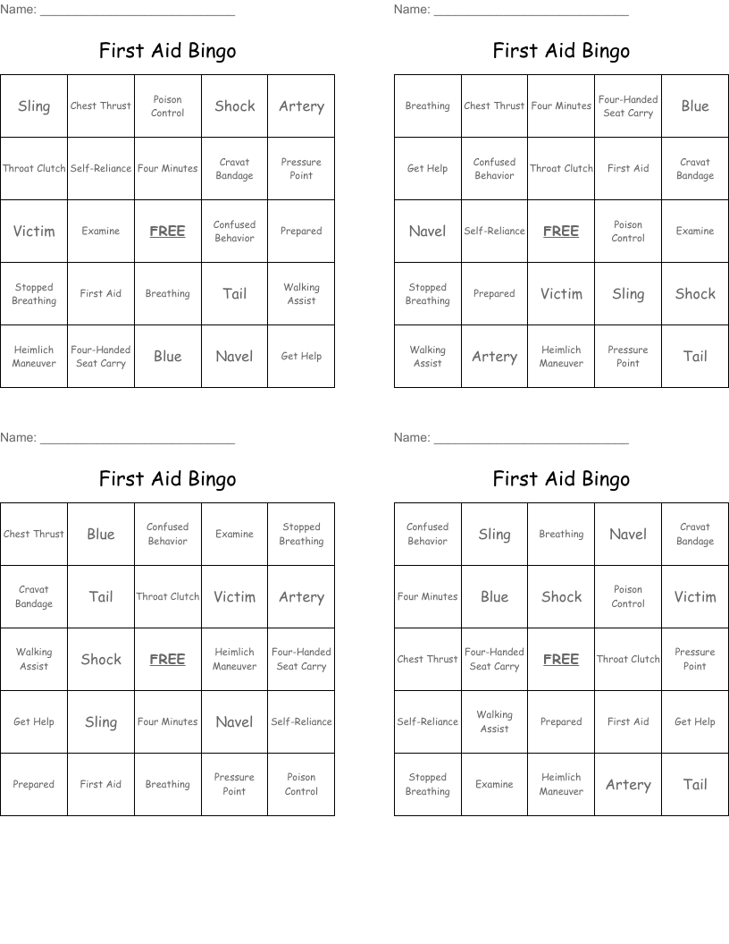 First Aid Bingo