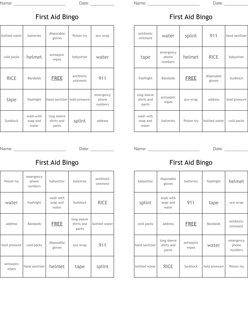 First Aid Bingo 
