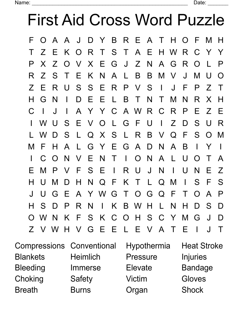 First Aid Cross Word Puzzle Word Search
