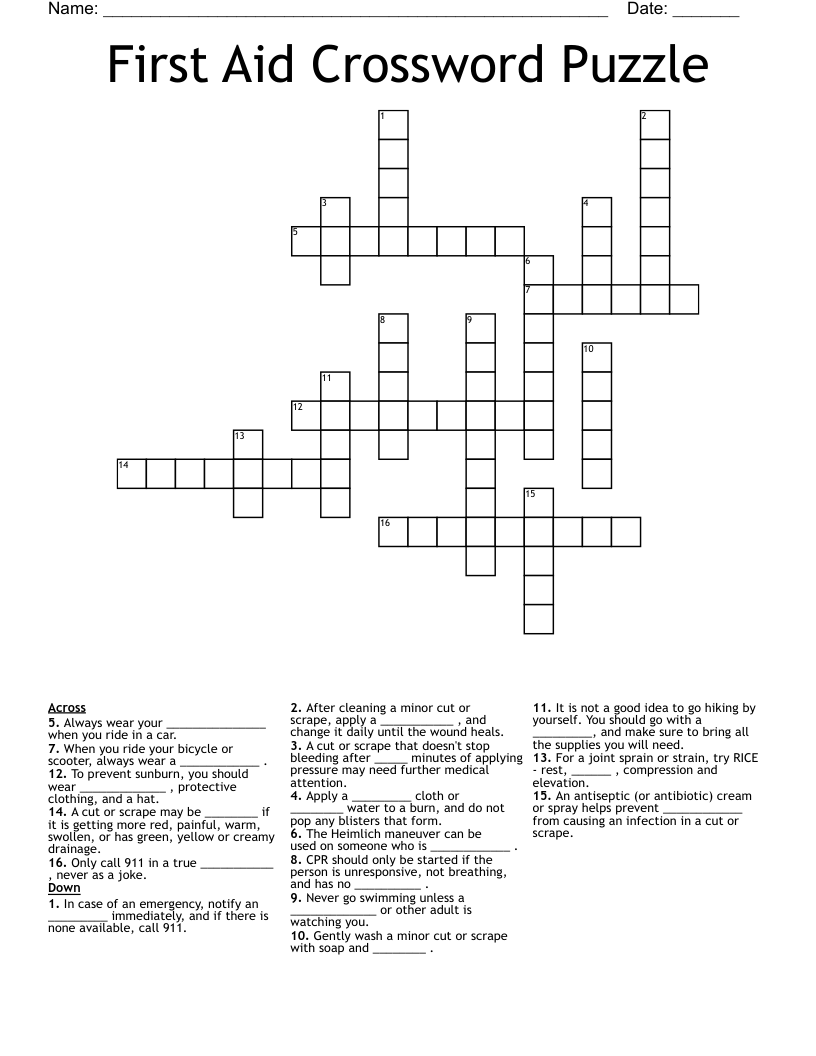 First Aid Crossword Puzzle