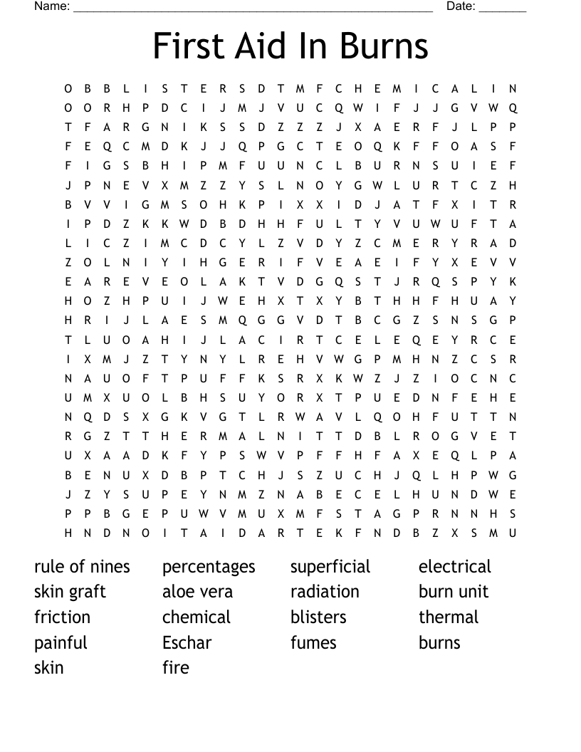 First Aid In Burns Word Search