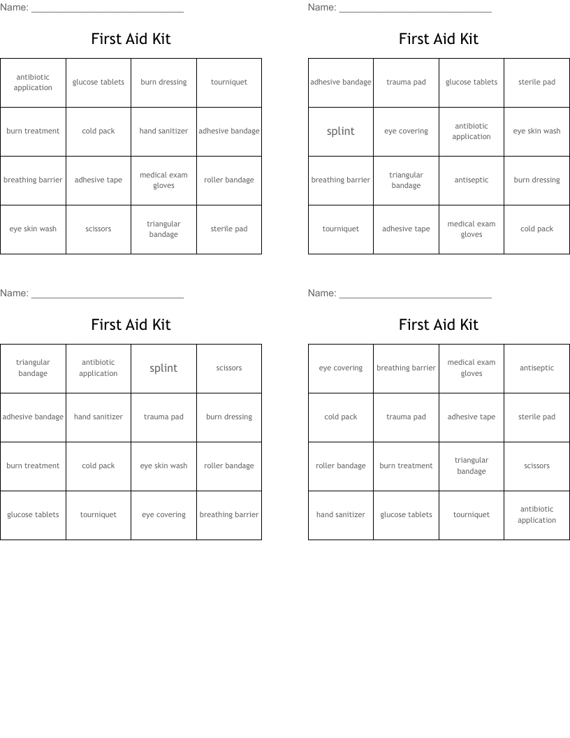 First Aid Kit Bingo Cards