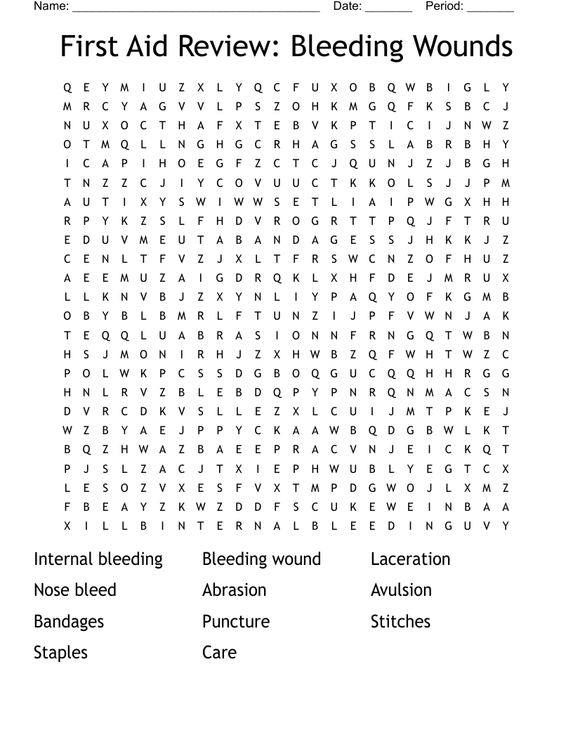 First Aid Review: Bleeding Wounds Word Search
