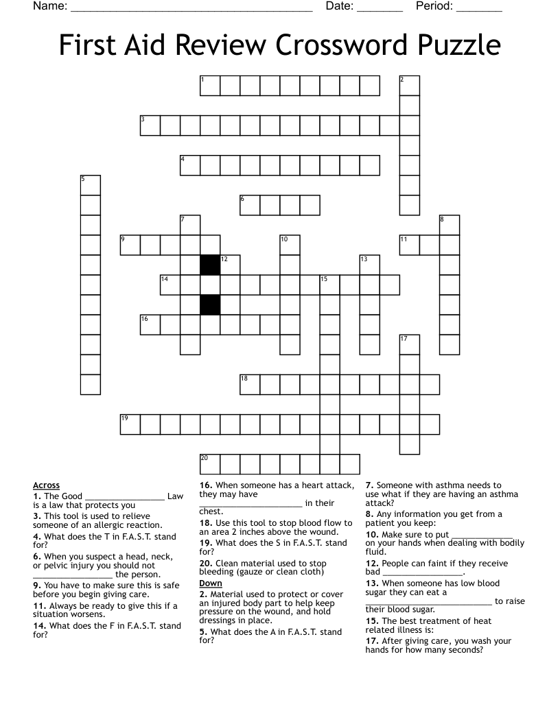 First Aid Review Crossword Puzzle