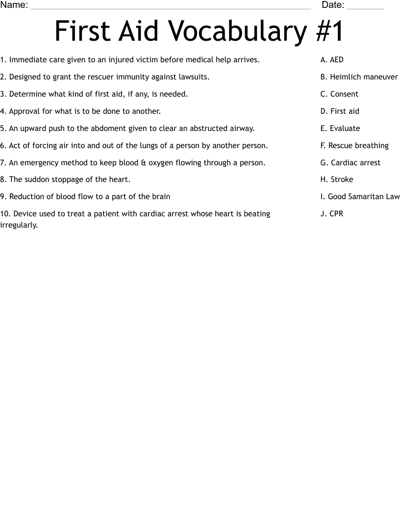 First Aid Vocabulary #1 Worksheet