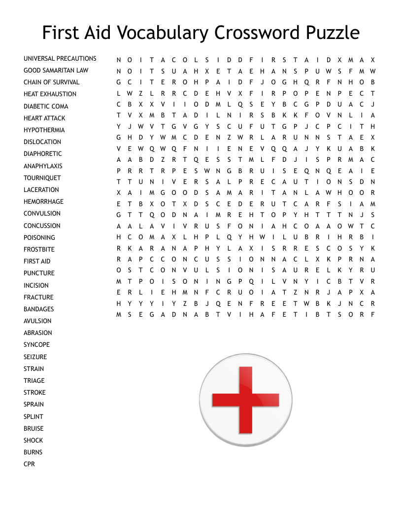 First Aid Vocabulary Crossword Puzzle Word Search