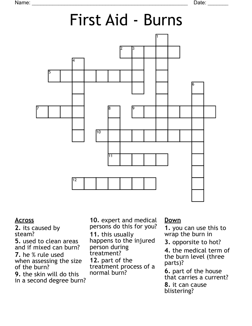 First Aid - Burns Crossword